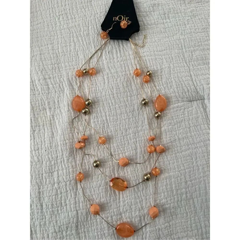 NWT Noir Two Piece Set with Peach and Gold Necklace and Earrings